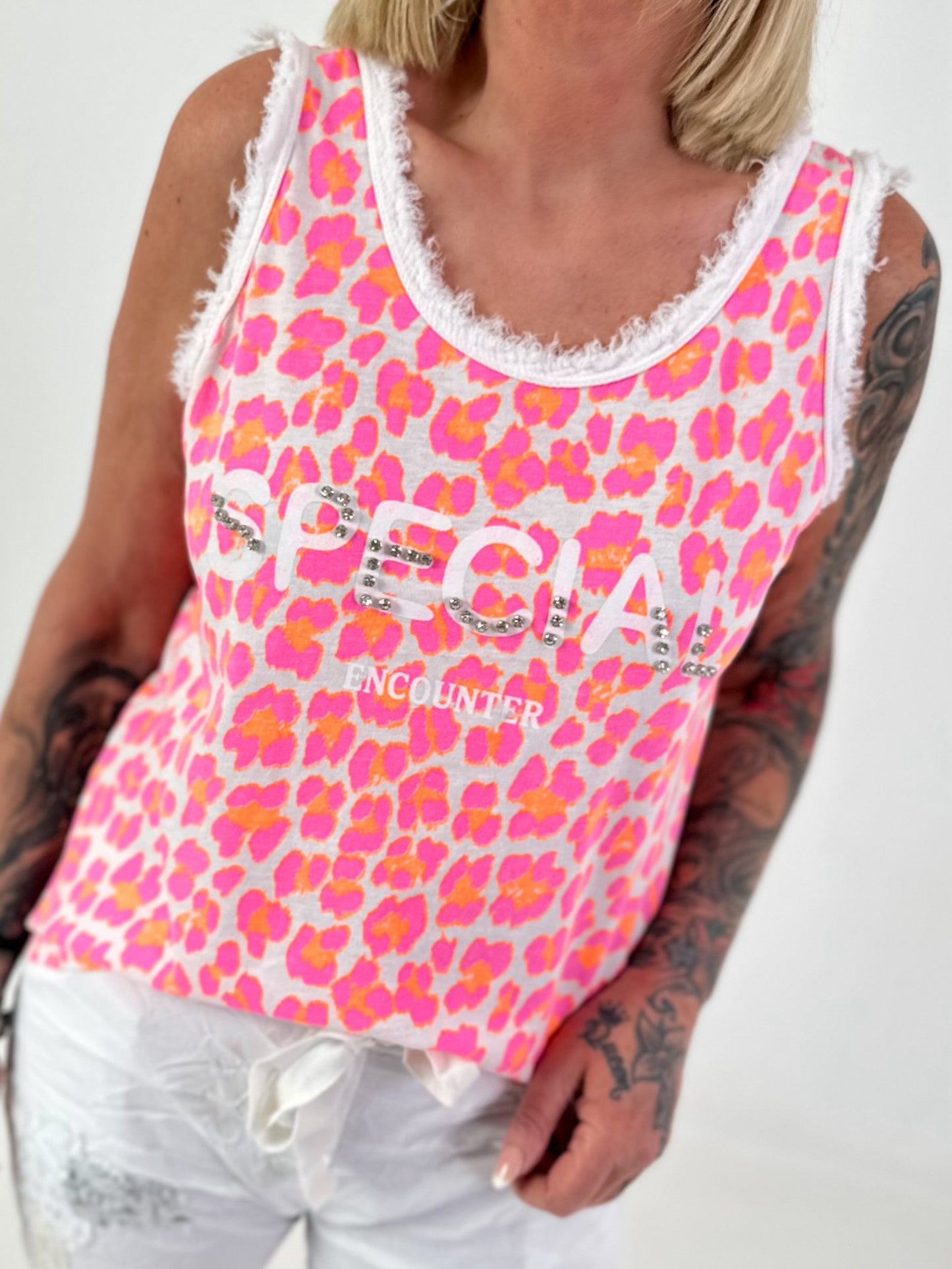 Leo Rhinestone Detail Tank Top - white multi