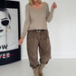 Geribd T-shirt met gerafelde V-hals - beige