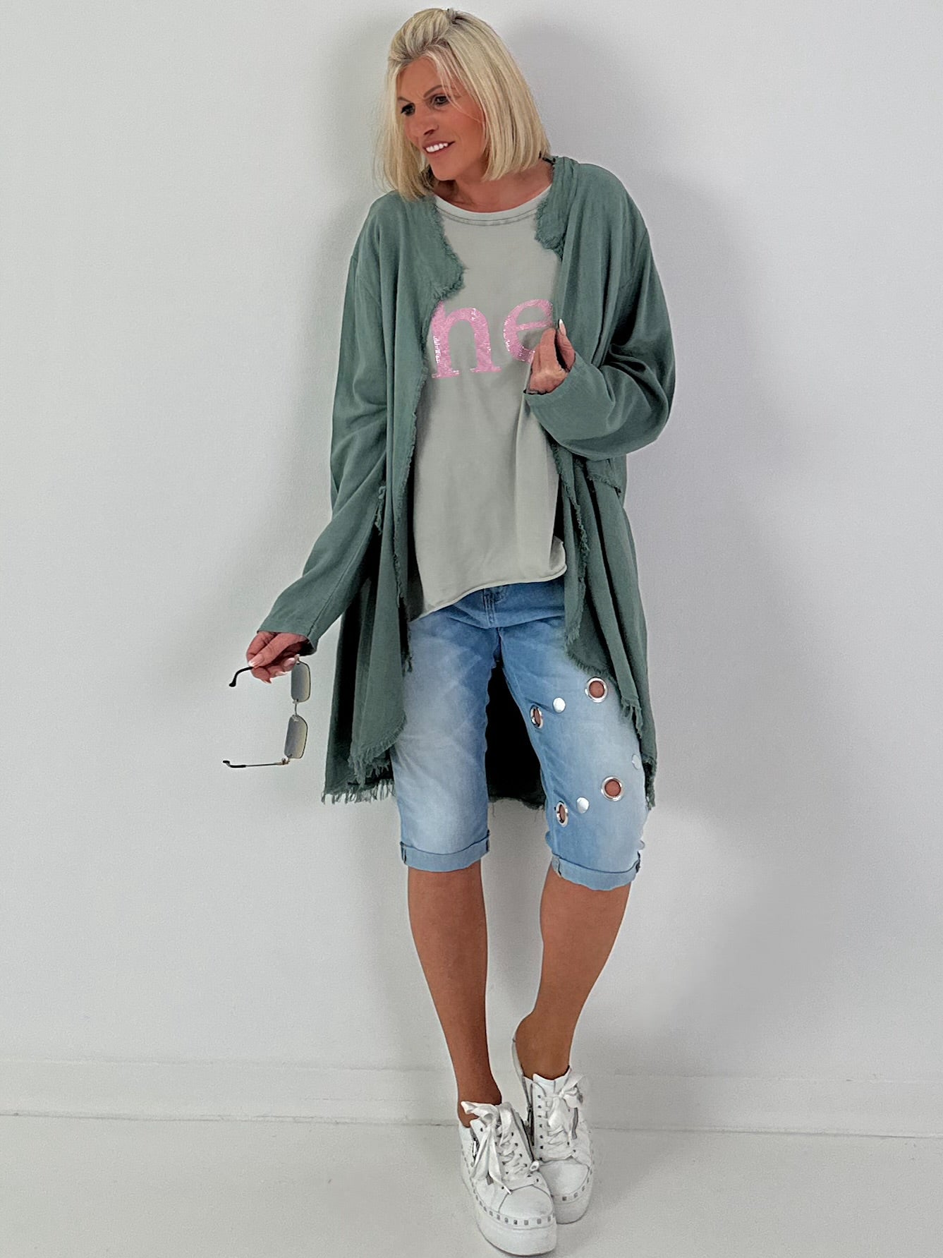 Linen Short Coat with Eyelets - Khaki