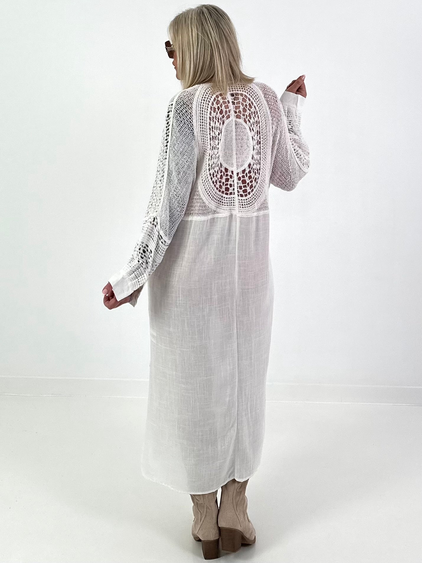 Linen Dress with Crochet Inserts - White