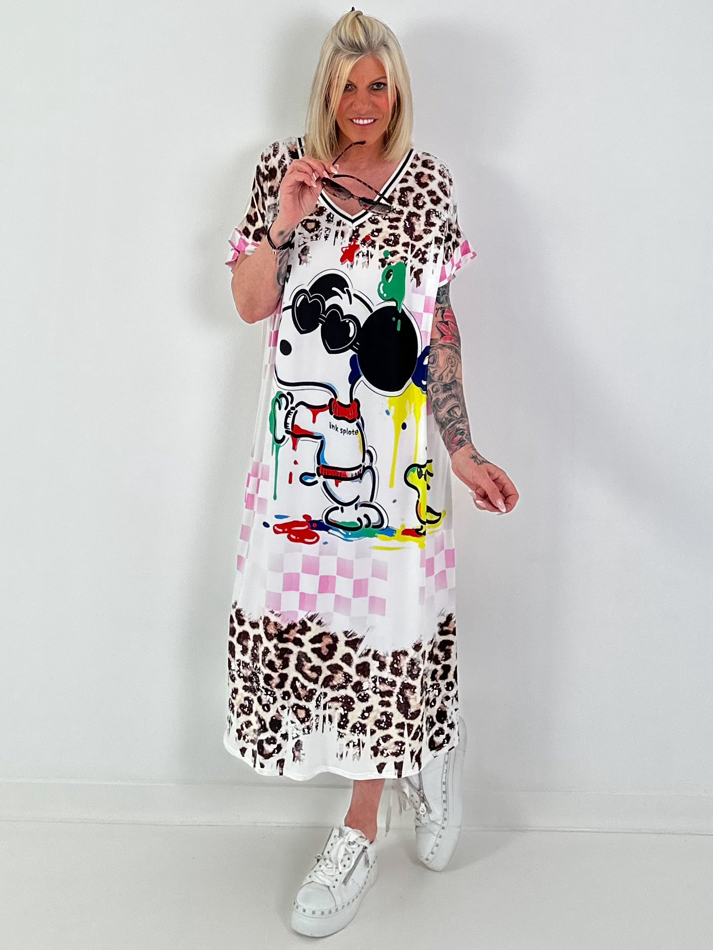 Kleid mit print-Mix - weiss-rosa-mehrfarbig