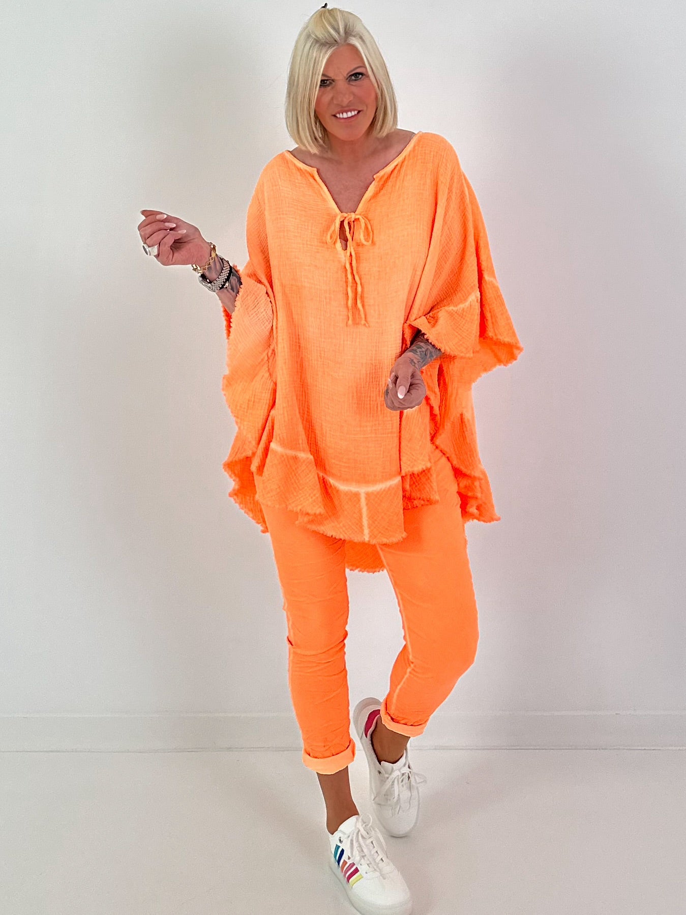 Muslin Tunic with Ruffles - neon orange