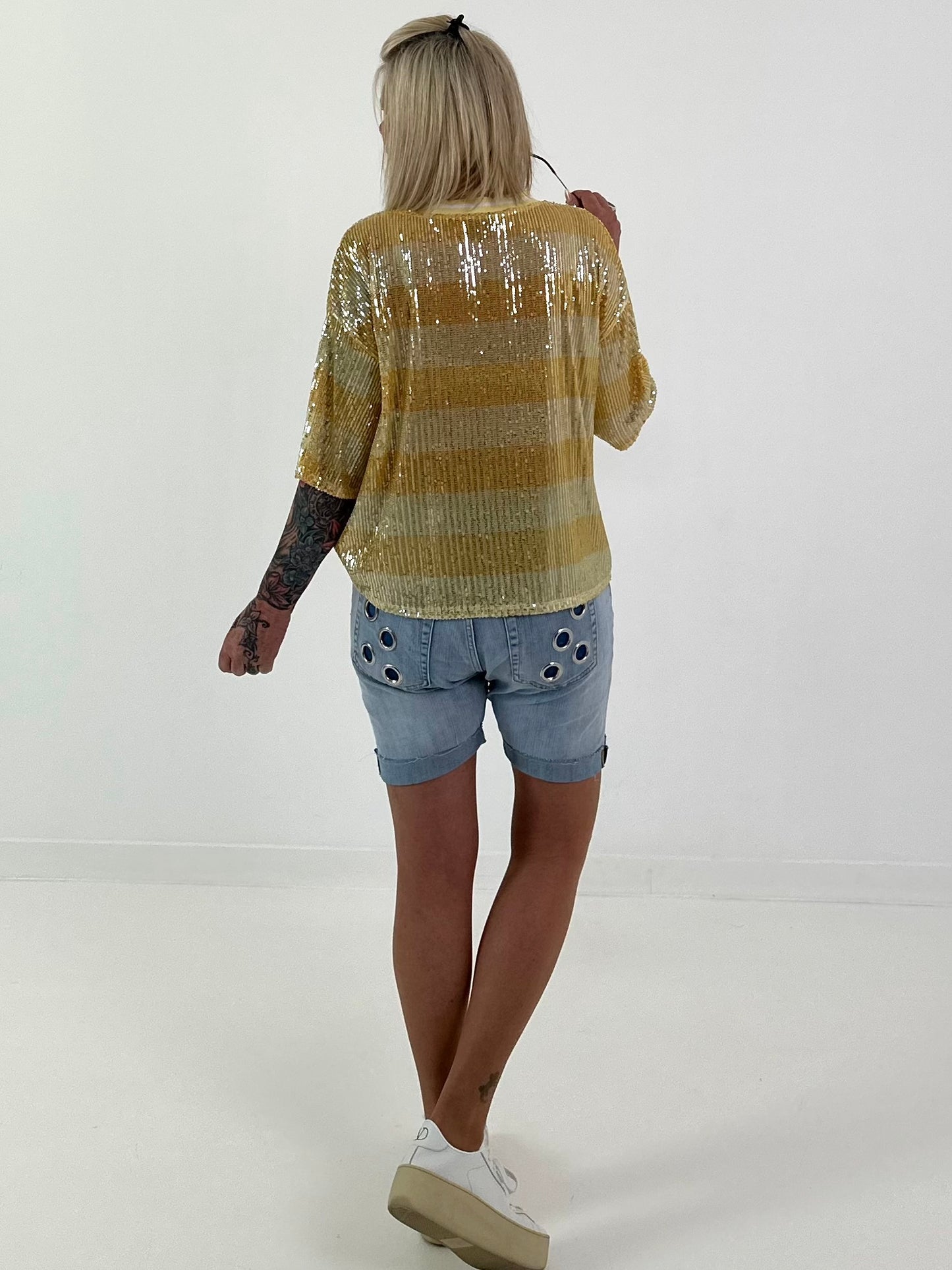 Pailletten Shirt mit Streifen - gelb-champagner
