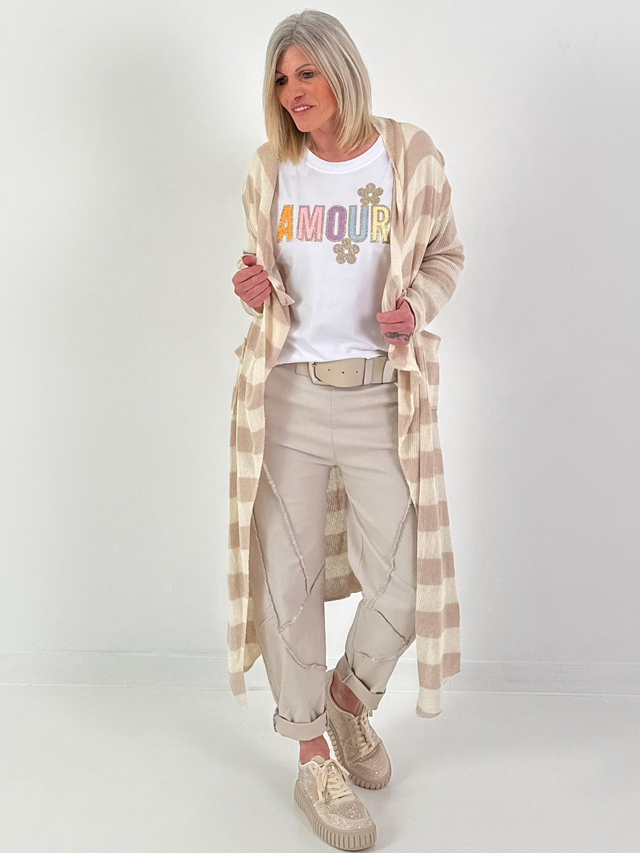 Cotton knit coat with stripes - beige-cream