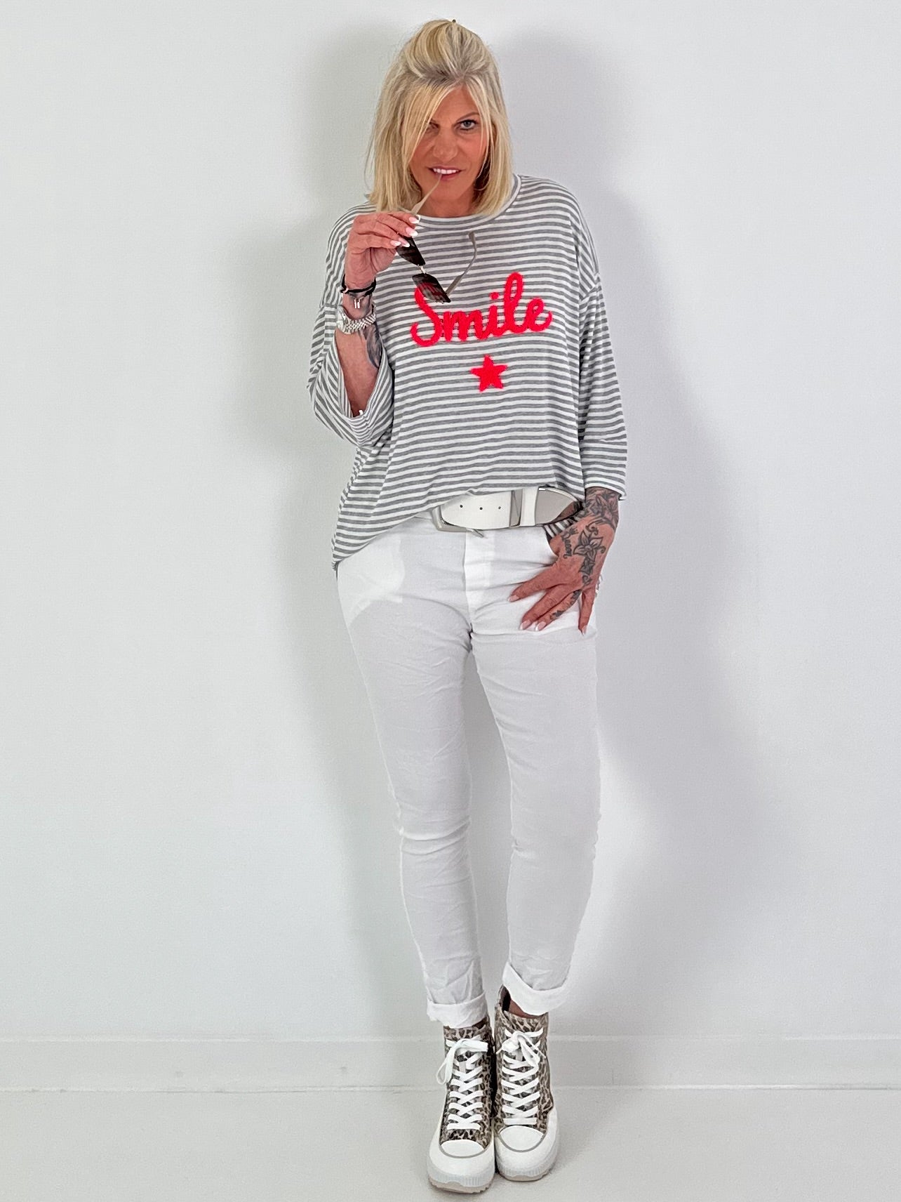 Shirt mit Streifen Smile - grau-weiss