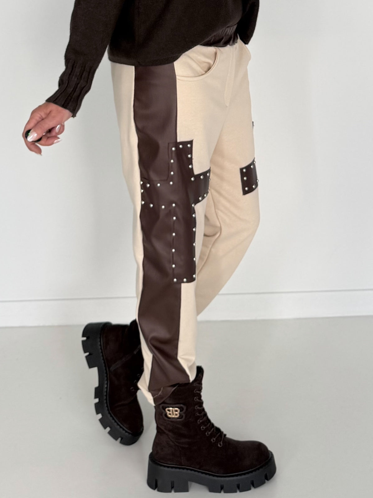 Sweathose im Materialmix - beige-mokka