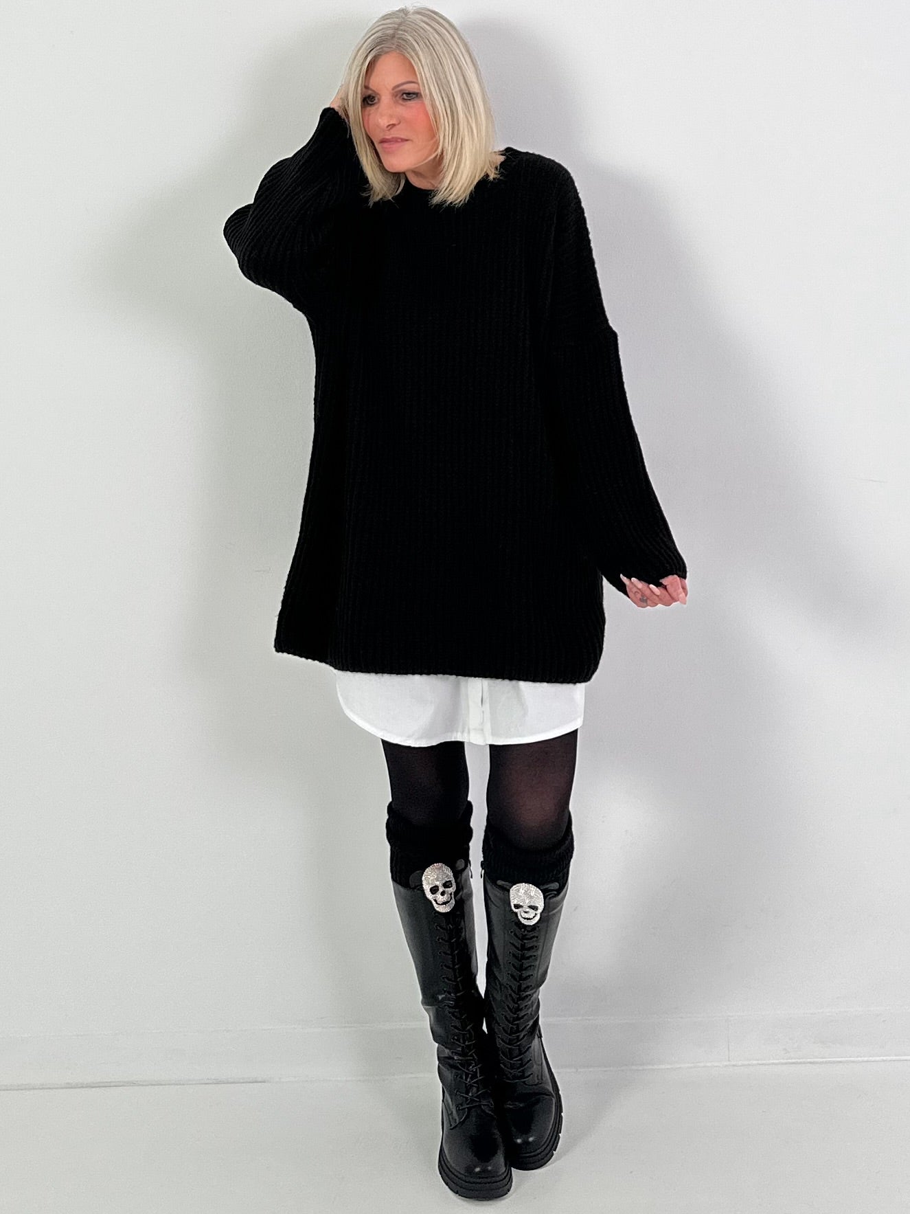 Long pullover model "Rib Relax" - black