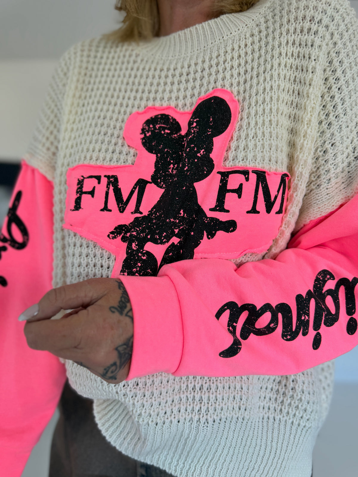Grobstrickpullover mit Sweatärmeln - ecru-neonpink