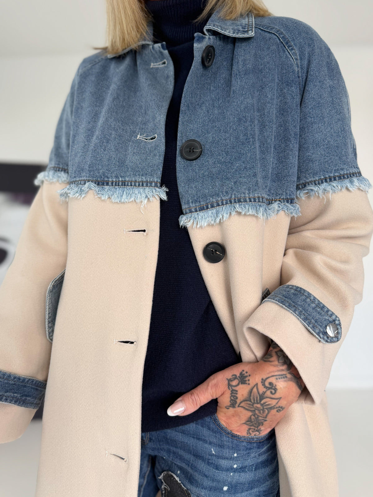Mantel mit Denim-Einsätzen - denim-beige