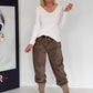 Geribbeld T-shirt met gerafelde V-hals - wit