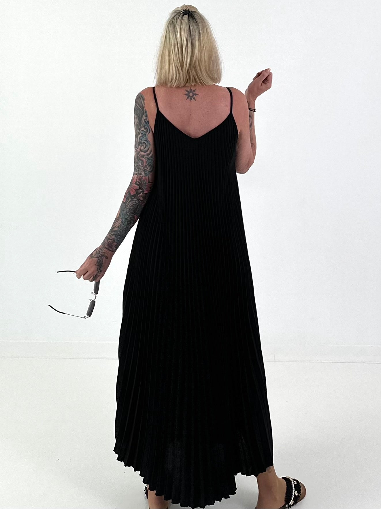 Pleated Dress with Spaghetti Straps - Black