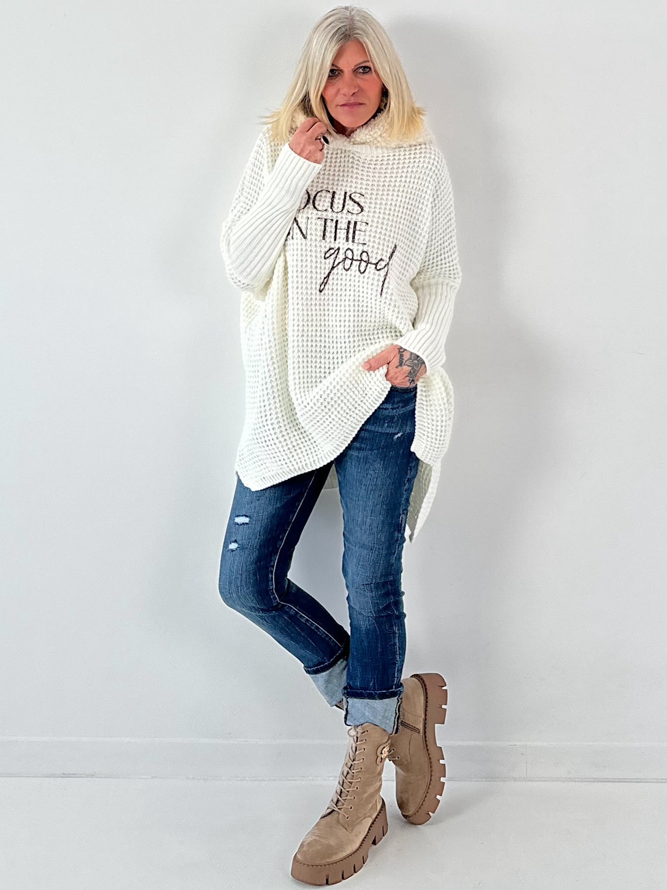 Pullover mit Teddy Kapuze Modell "Good Focus" - ecru