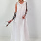 Sleeveless Linen Dress with Crochet Insert - white