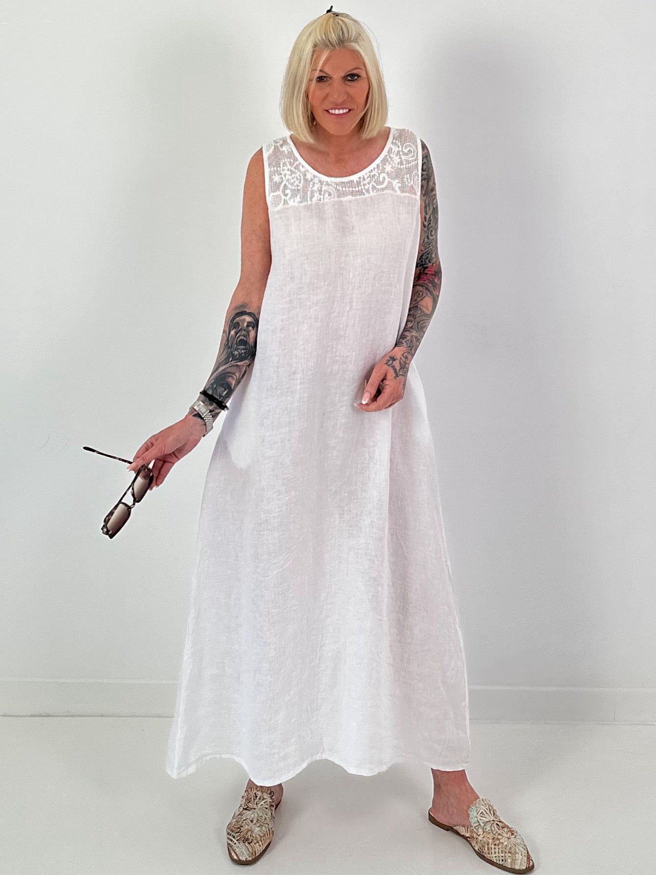 Sleeveless Linen Dress with Crochet Insert - white