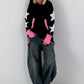 Casual long hoodie with thumbhole and trendy star elements - black