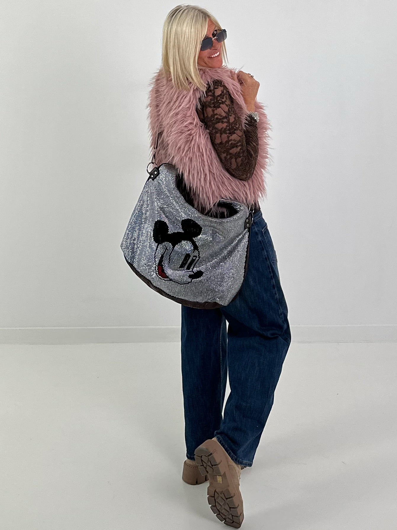 Stylische fake Fell Weste - rosa