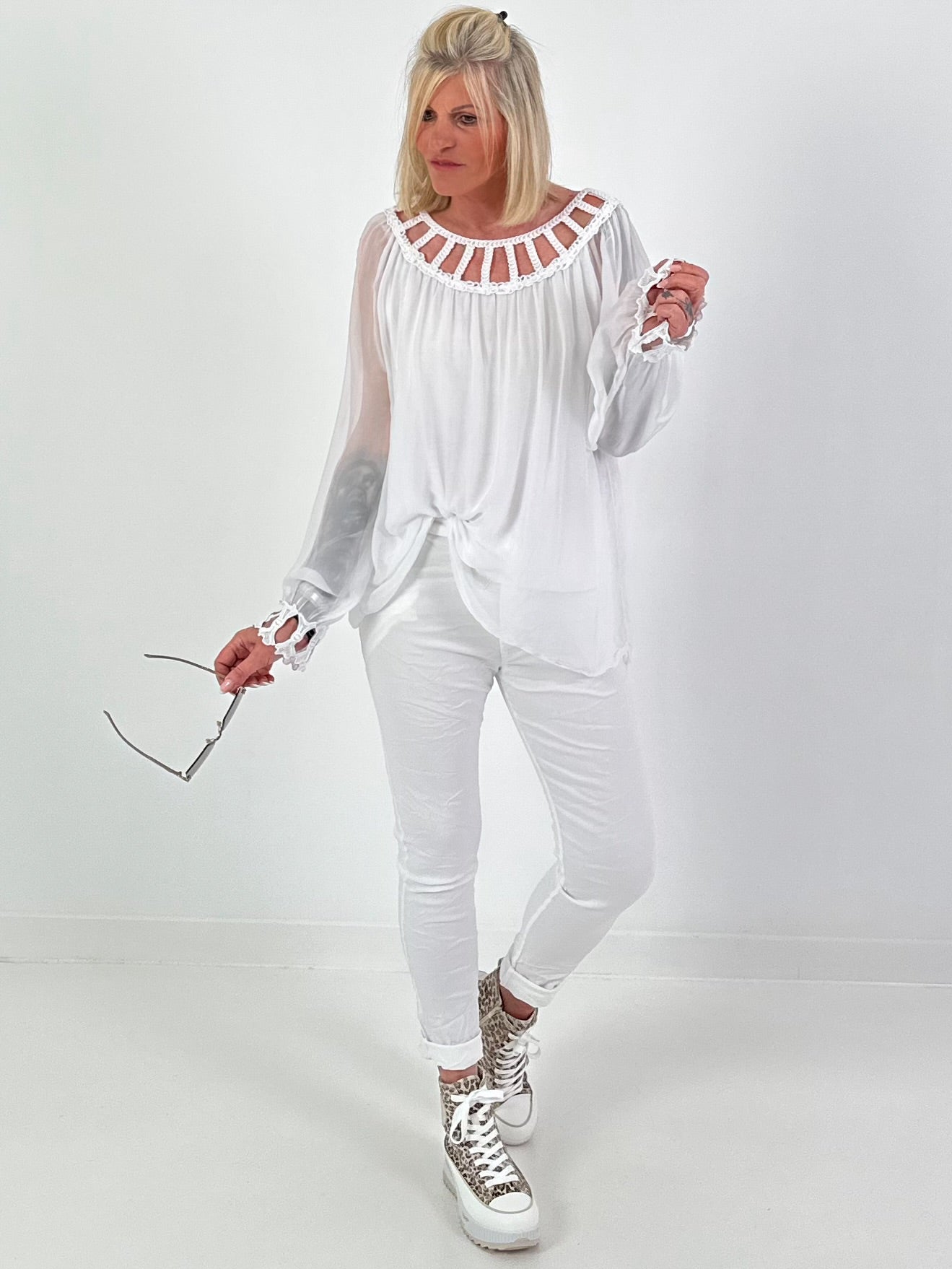 Silk Tunic with Crocheted Neckline - White