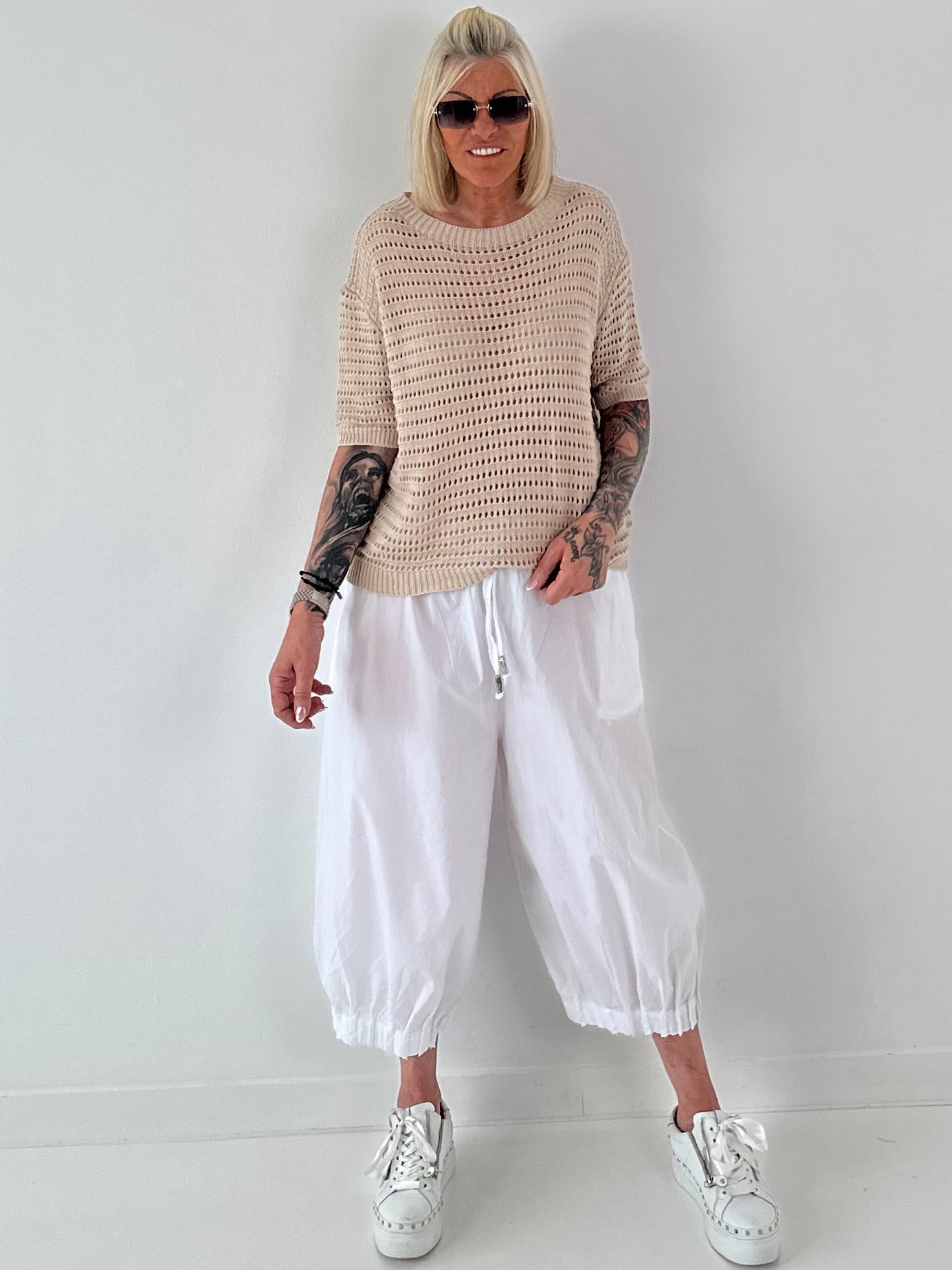 Strick Shirt mit Lochmuster - beige