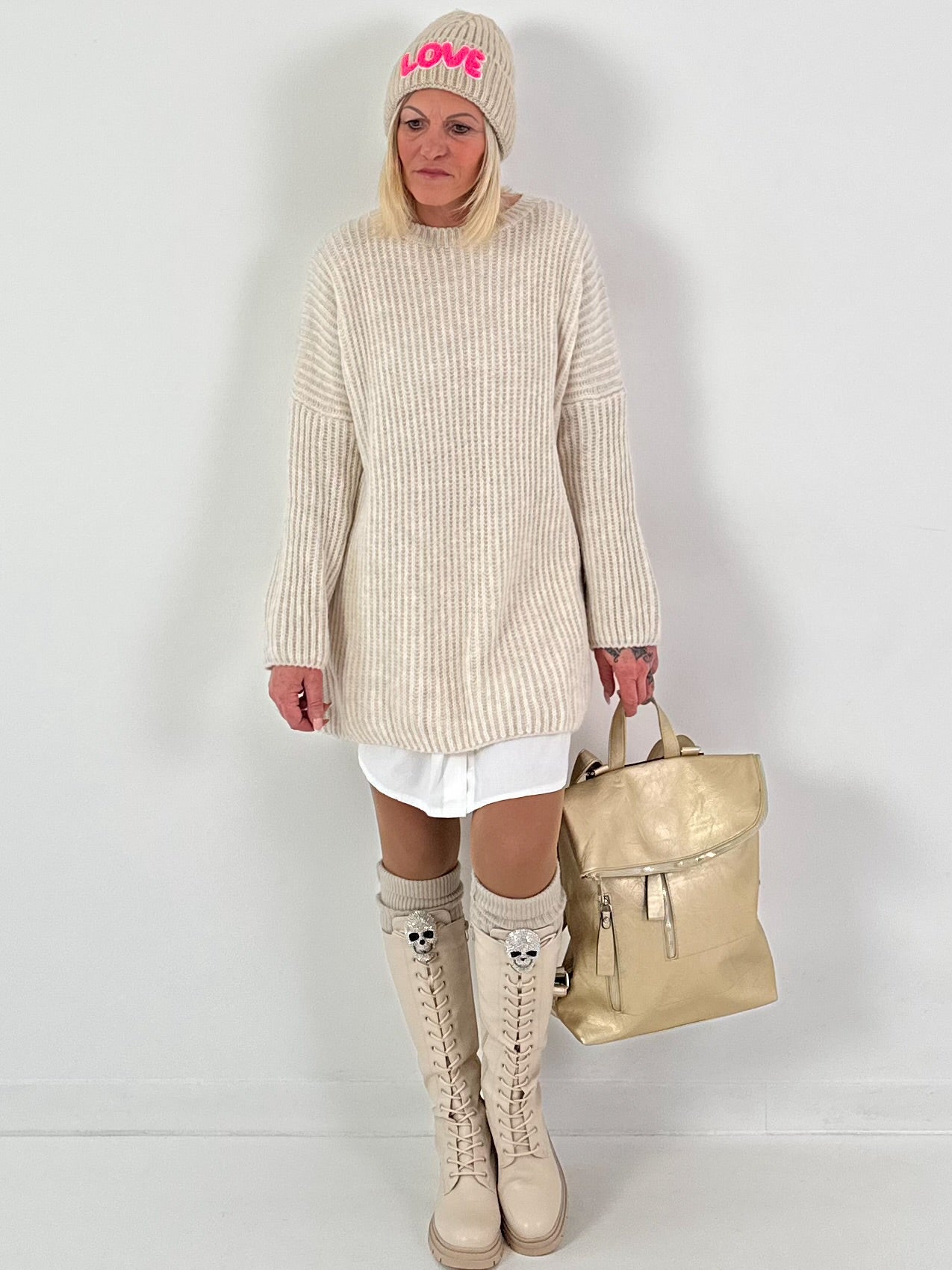 Long sweater model "Rib Relaxe" - beige