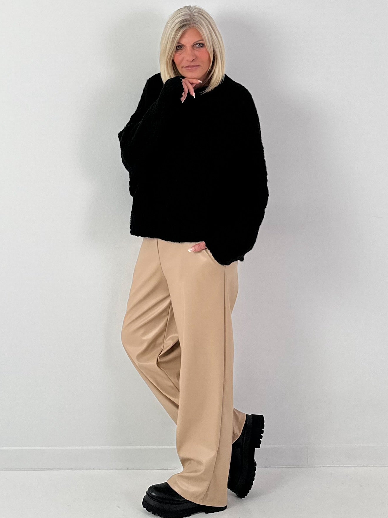 Leather-look trousers, model "Smooth Faux" - beige