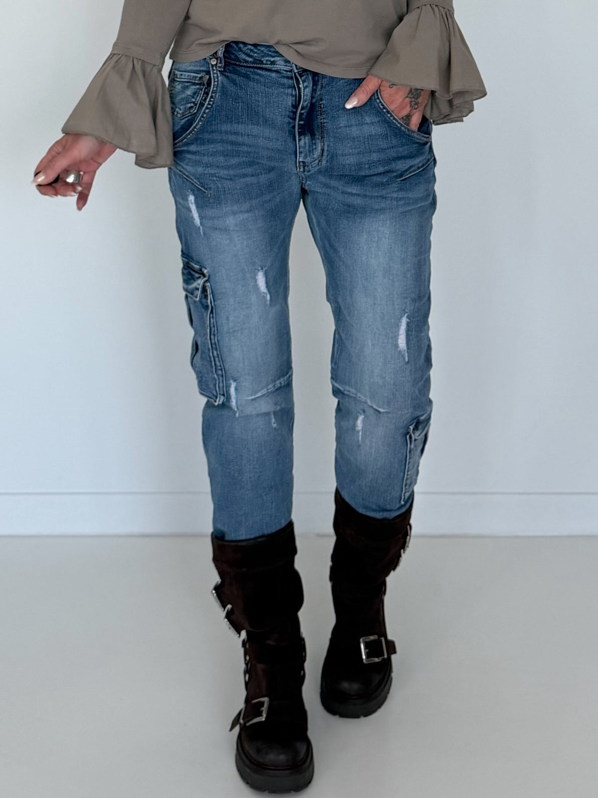 Cargo-Jeans im Used-Look - denim