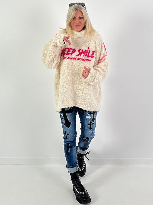 Teddy trui coltrui model "KEEP SMILE" - ecru