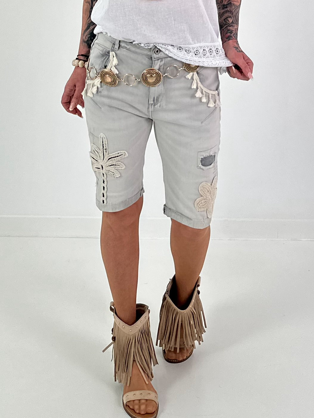 Jeans Shorts with Crochet Patches - Grey