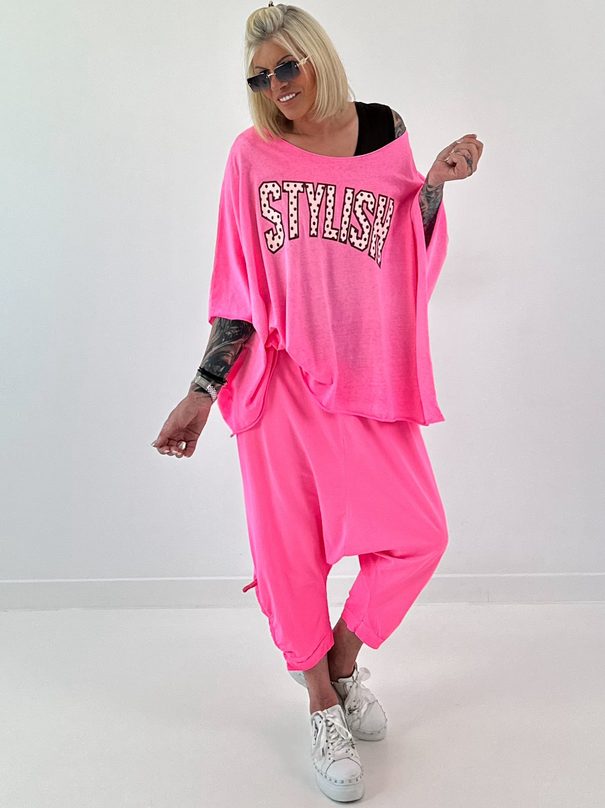 Poncho Shirt mit Schriftzug - neonpink