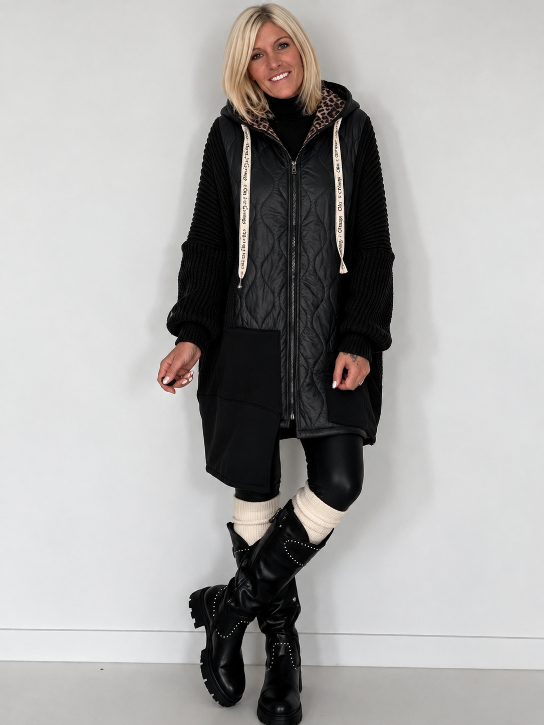 Oversized jacket in a mixed material design - black
