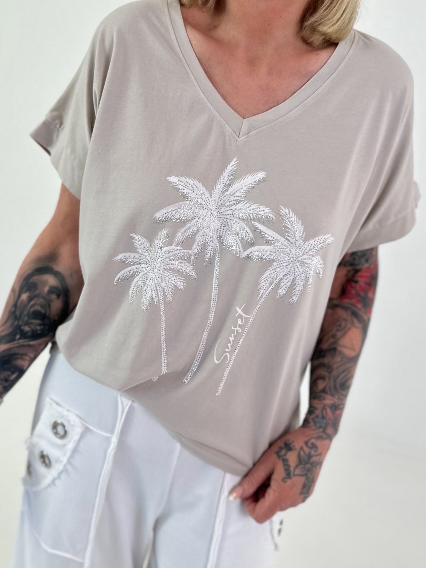 T-Shirt with glitter palm trees - beige