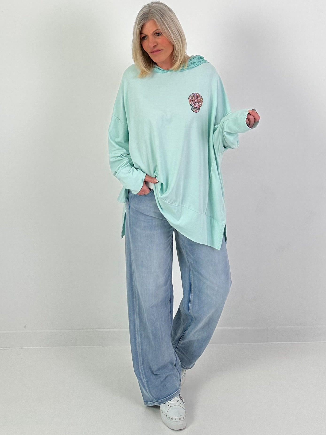 Oversized hoodie with lace hood - mint