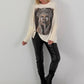 Sweater mit Stulpenärmeln und Strassmotiv Queen - beige