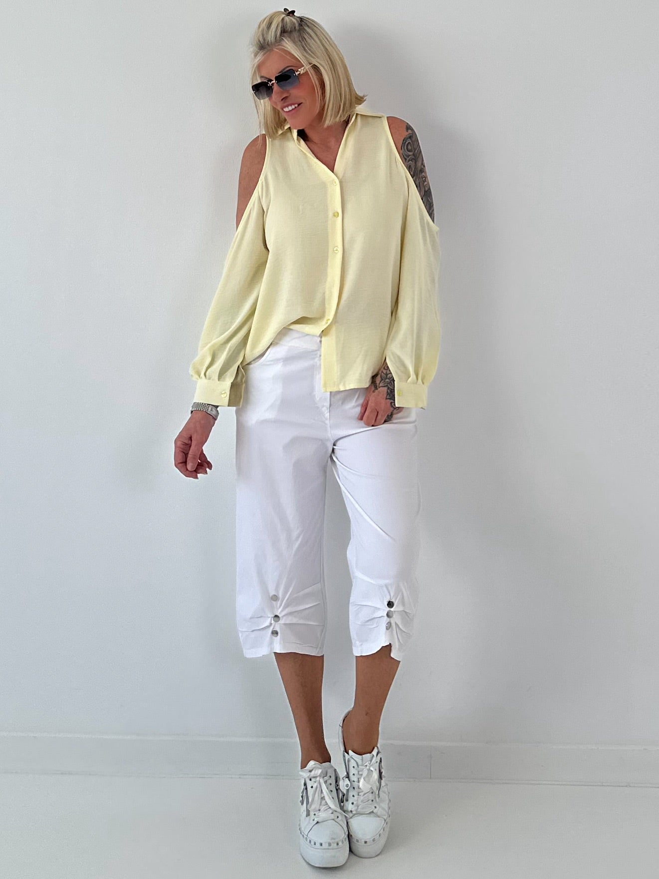 Bluse mit cold shoulder Detail - gelb