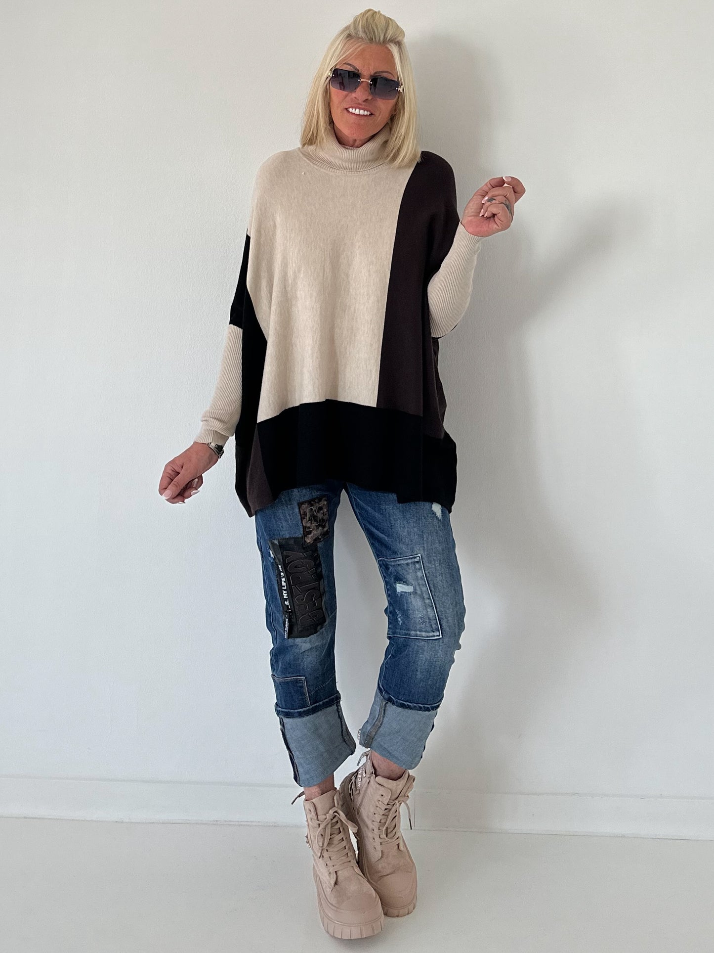 Oversized Feinstrickpullover mit Stulpenärmeln - beige-mokka-schwarz