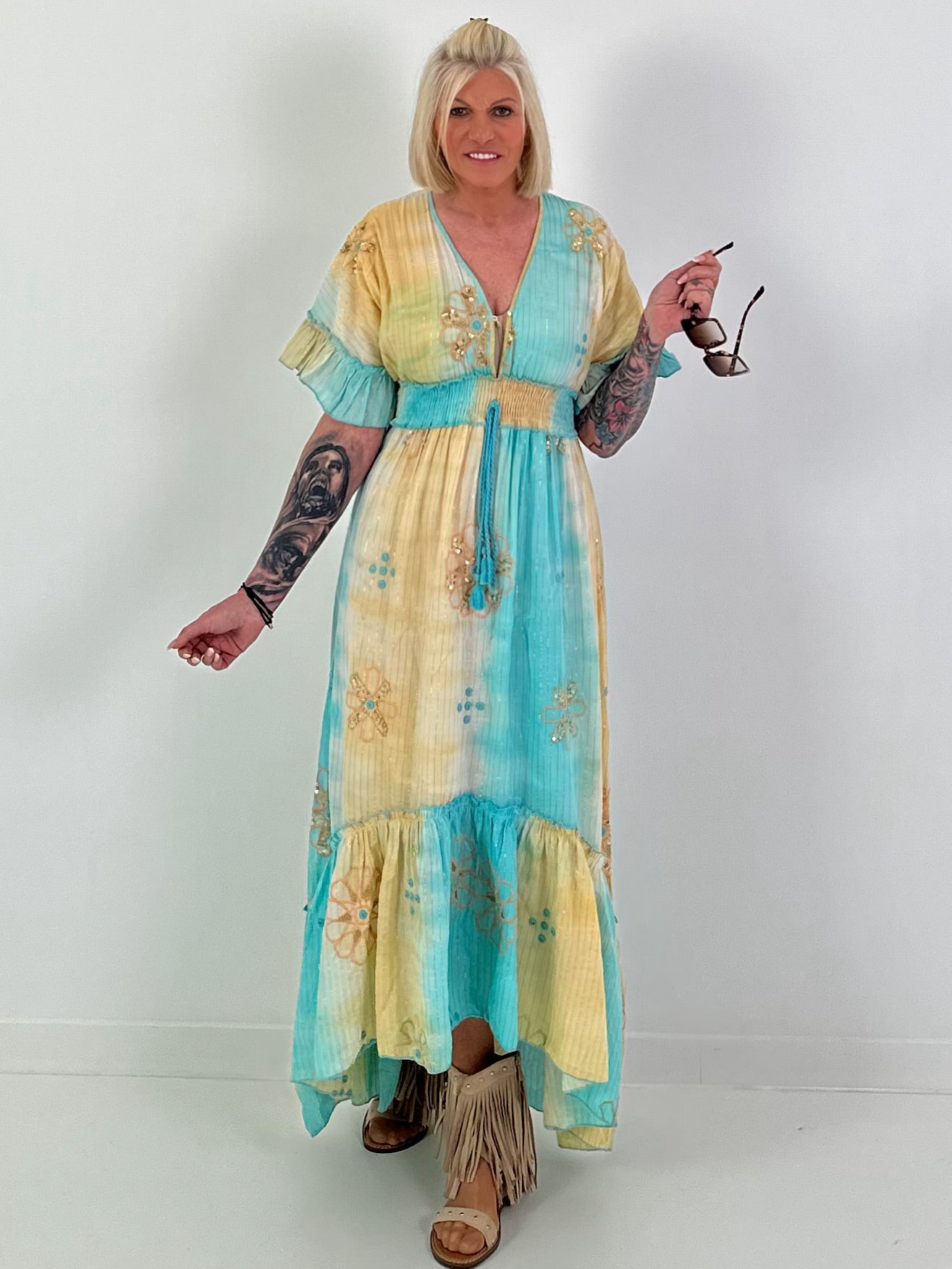 Ibiza Dress with Sequins and Ruffles - turquoise-yellow-multicolored