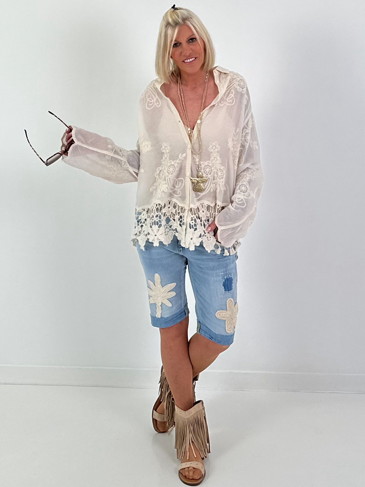 Boho Blouse with Crocheted Hem - beige