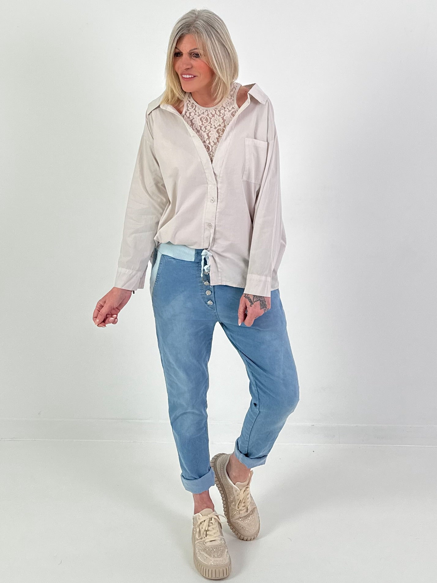 Blouse with lace top - beige