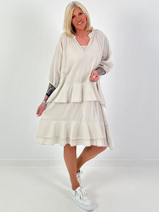 Dress with undershirt top and flounces - beige