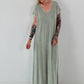 Maxi Kleid mit fransigen Abschlüssen - salbei