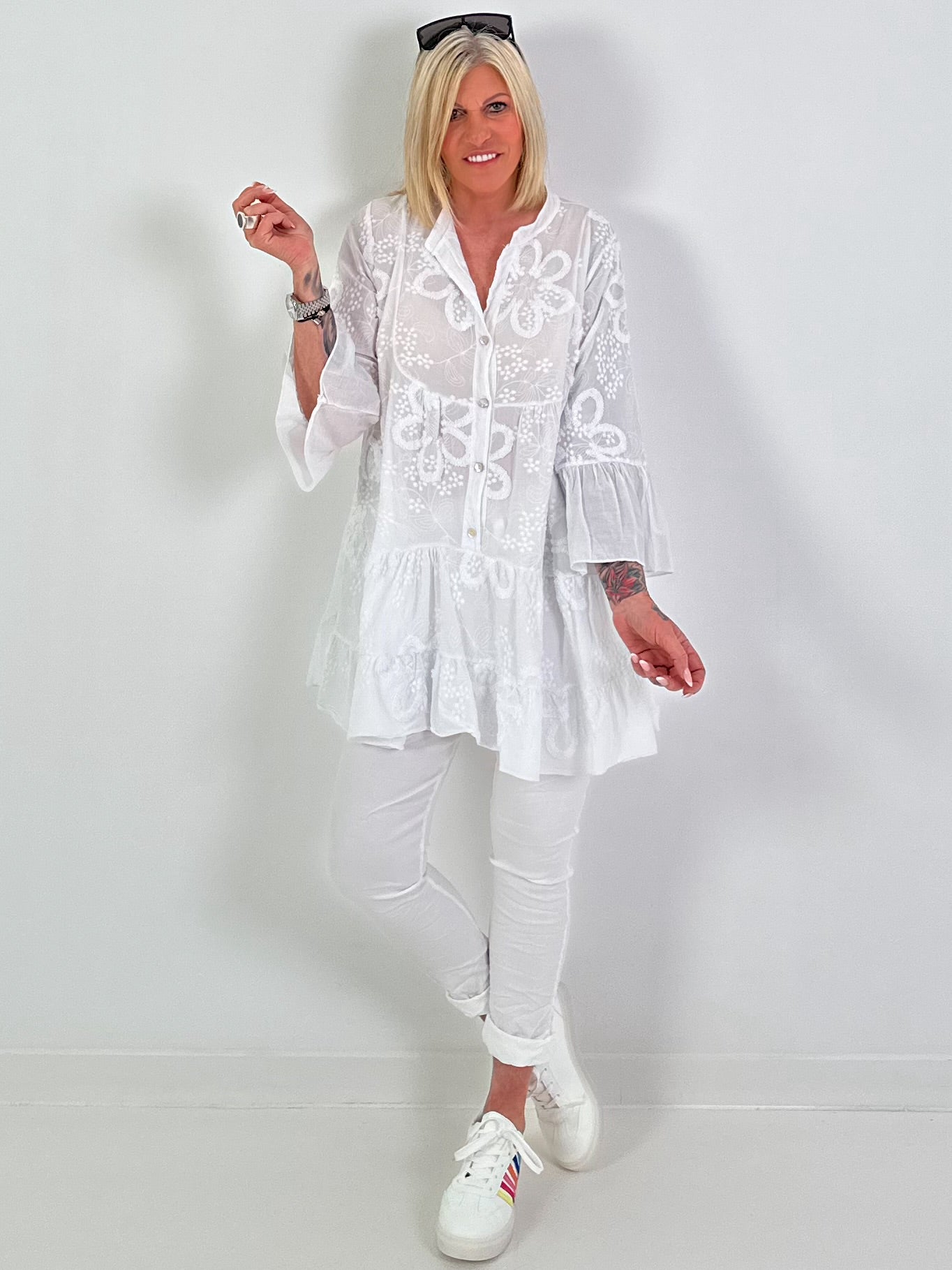 Tunic/dress with terrycloth appliqué - white