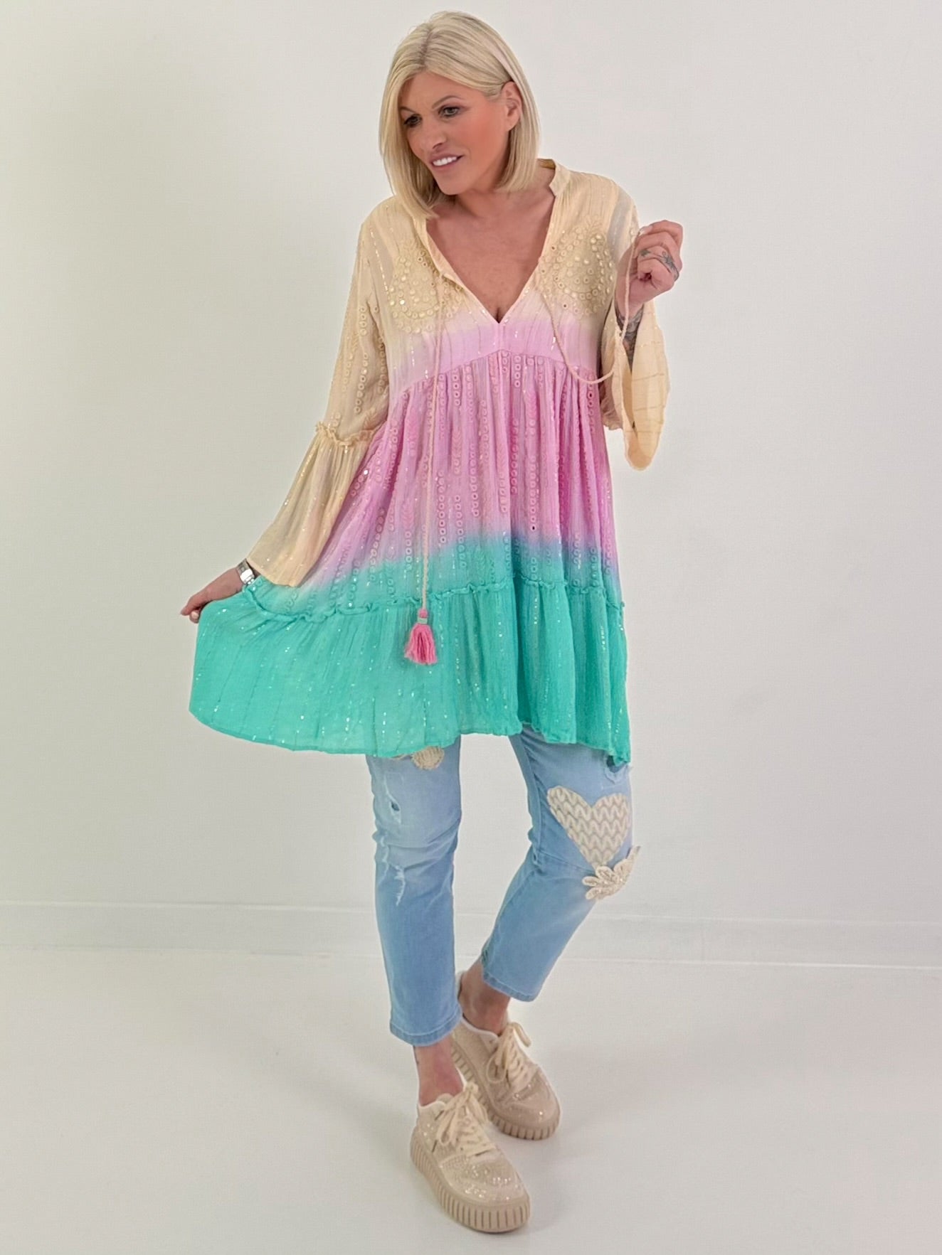 Ibiza Tunika/Kleid mit Lurexnähten - beige-rosa-türkis