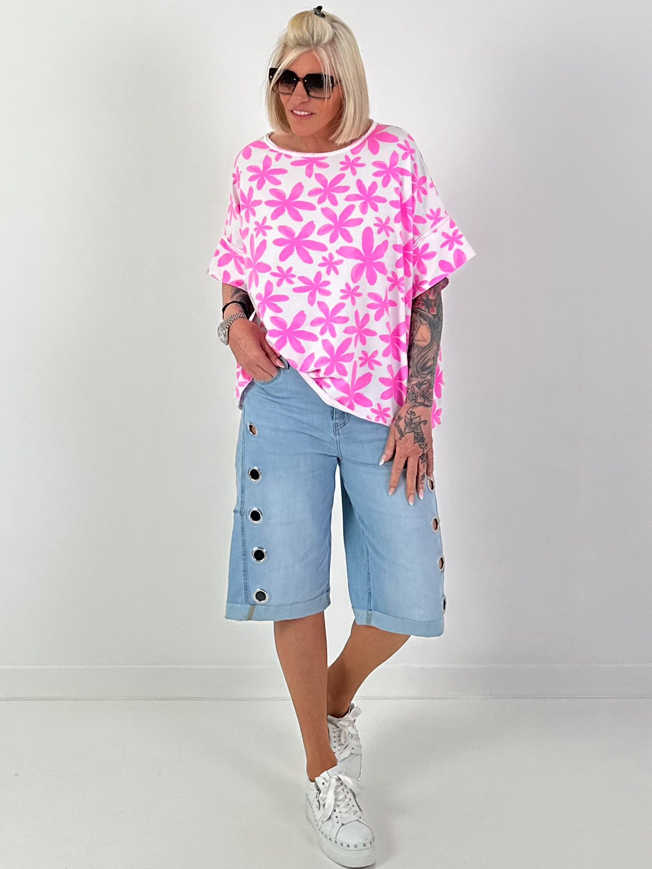 Sweat T-Shirt mit floralem Muster - weiss-neonpink