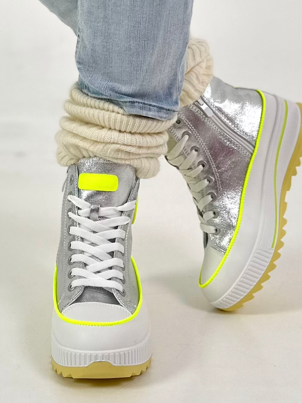 High-top sneaker model "Cat Boost" - silver-neon yellow