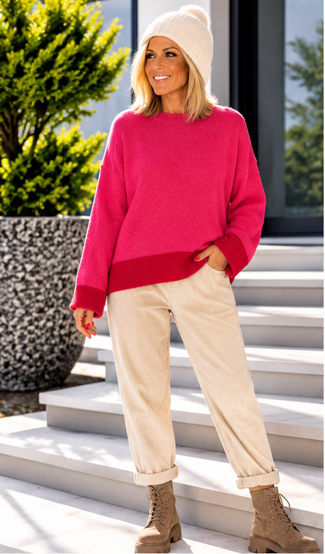 Pullover mit Kontrastsaum - pink-rot