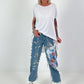 Sweat Jeans mit Print und Destroyed Details - weiss-denim