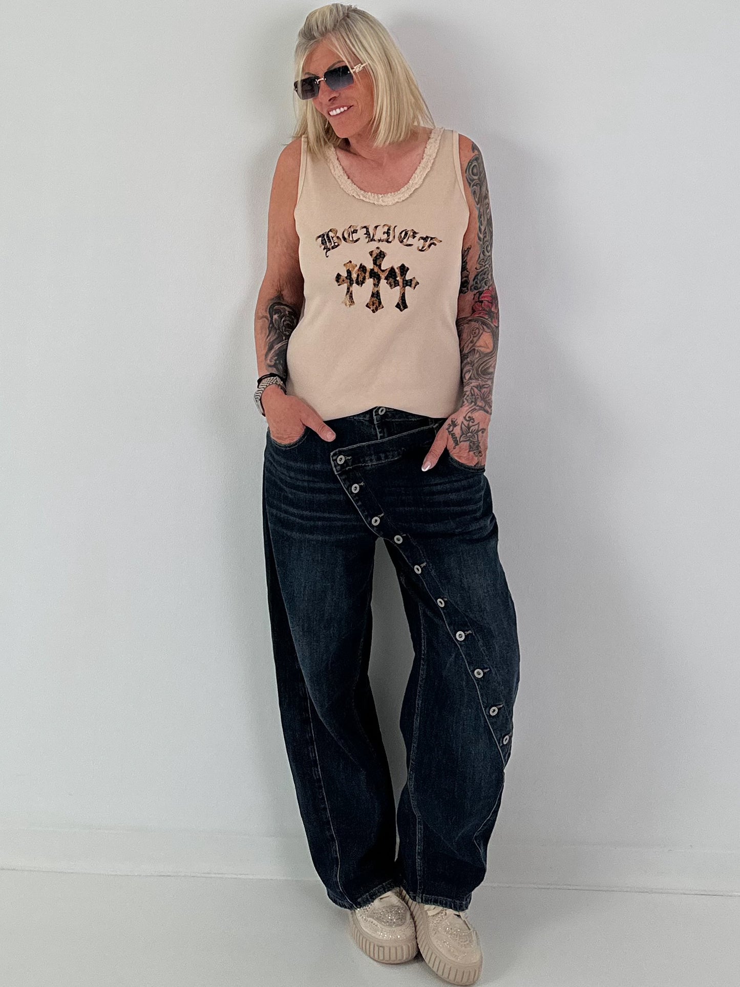 Ripp Tank Top mit Print  - beige