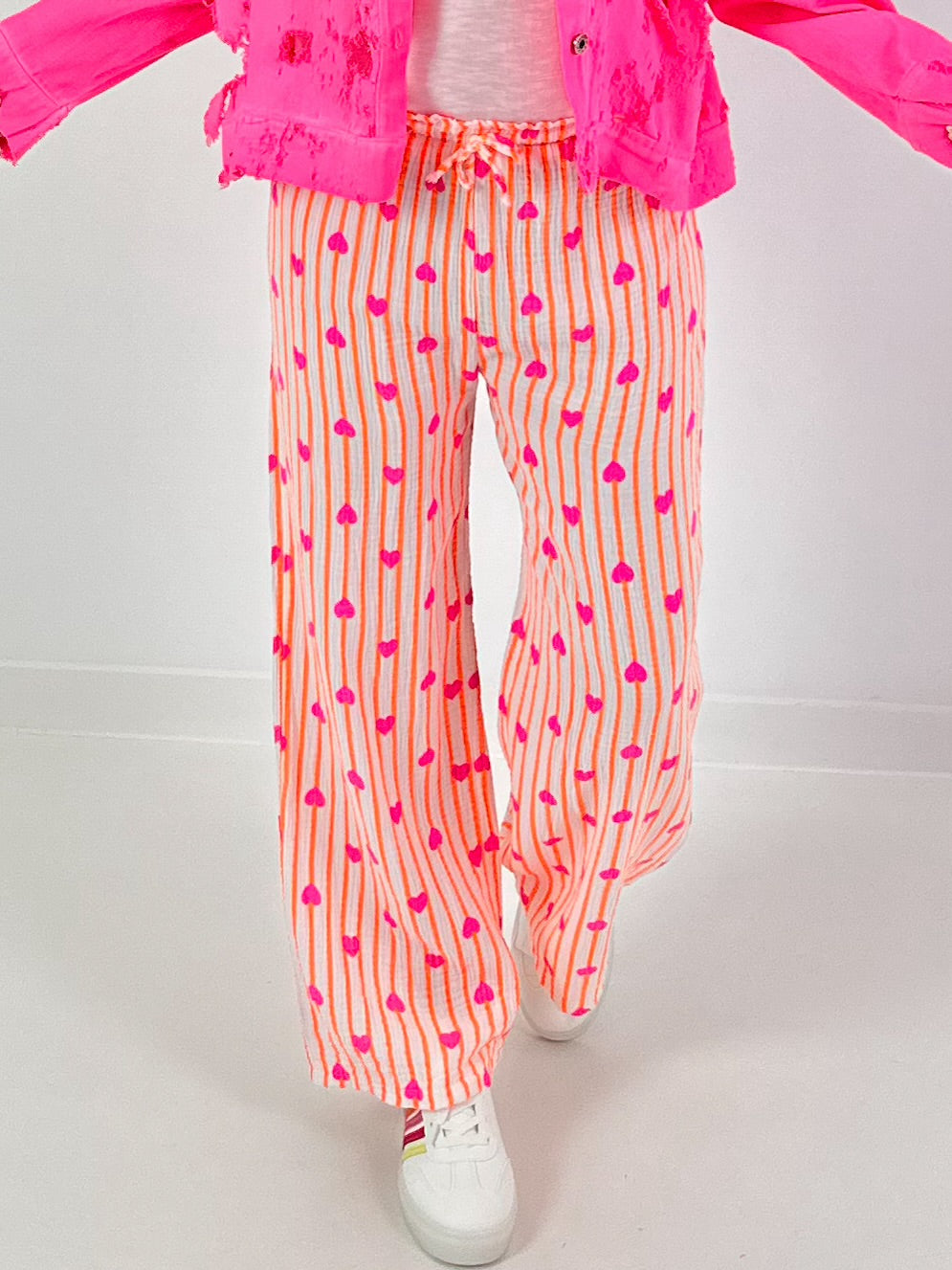 Musselin Hose mit Streifen - neonorange-weiss-pink