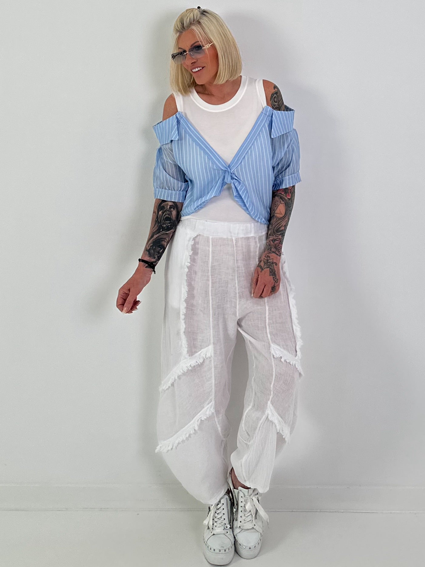 Ribbed top with blouse layering - white-light blue