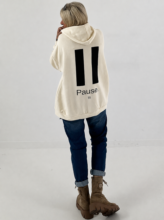 Lässiger Hoodie mit Statement Rückenprint "Pause" - beige