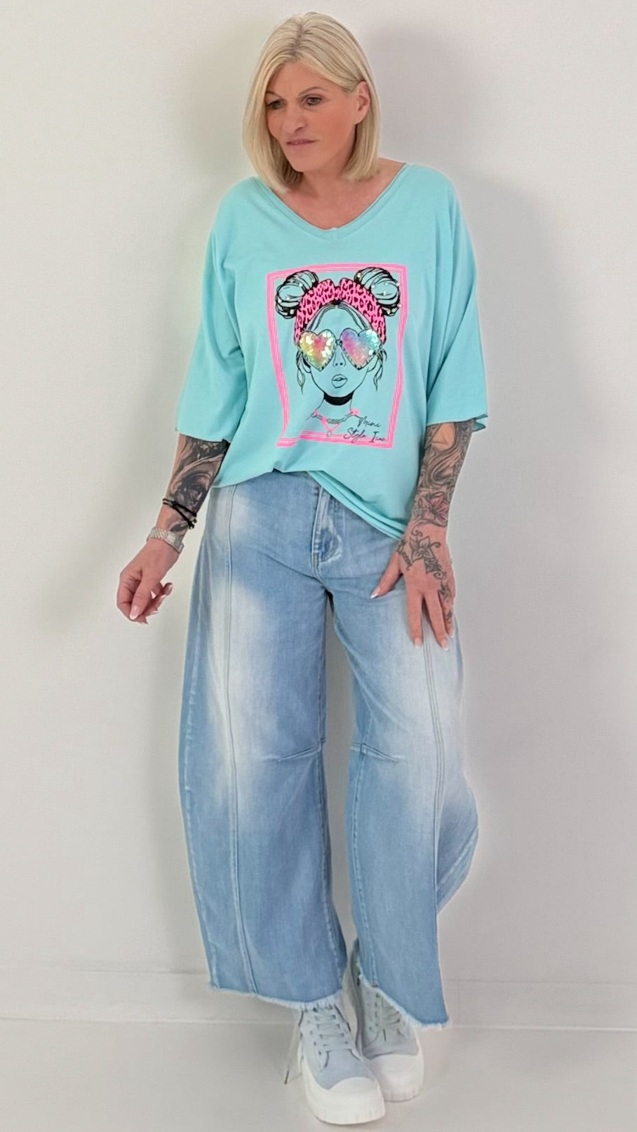 Oversized T-shirt met print op de voorkant - turquoise
